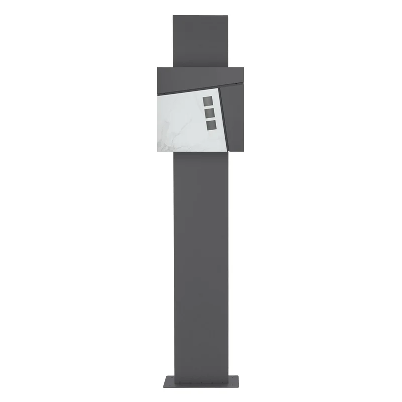 Standbriefkasten mit Zeitungsfach 37x36,5x11 cm Anthrazit/Weiß-Marmoroptik aus Stahl ML-Design, Modernes Asymetrisches Design, Standhöhe 120/170 cm Anthrazit