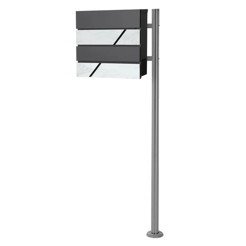 Standbriefkasten mit Zeitungsfach 37x37x11 cm Anthrazit/Weiß-Marmoroptik aus Stahl ML-Design, Modernes Horizontales Design, Standhöhe 120 cm Silber