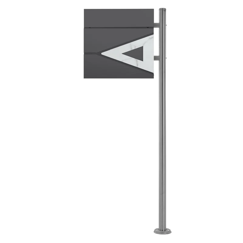 Standbriefkasten mit Zeitungsfach 37x36,5x11 cm Anthrazit/Weiß-Marmoroptik aus Stahl ML-Design, Modernes Dreieckiges Design, Standhöhe 120 cm Silber