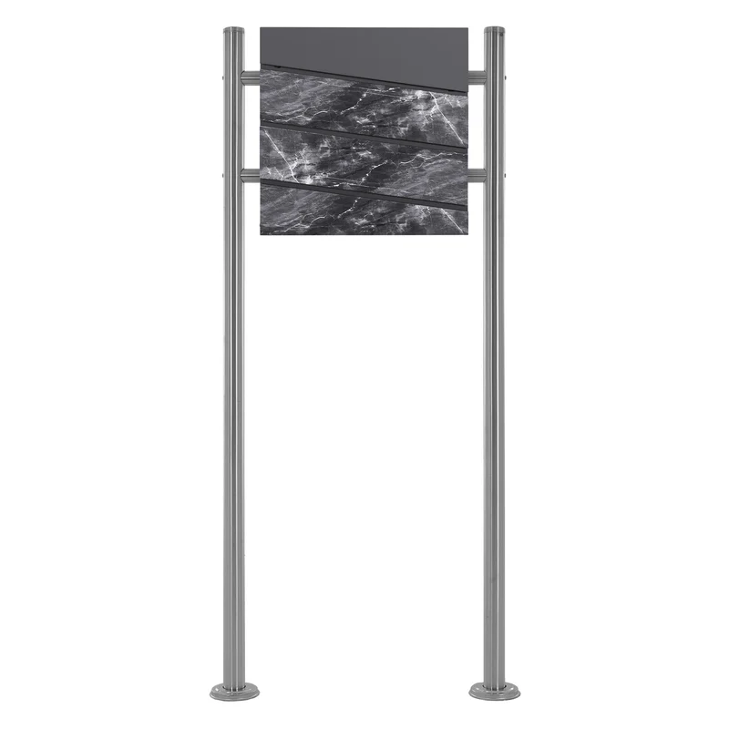 Standbriefkasten mit Zeitungsfach 37x36,5x11 cm Anthrazit/Schwarz-Marmoroptik aus Stahl ML-Design, Modernes Diagonales Design, Standhöhe 120cm Silber Doppelfuß