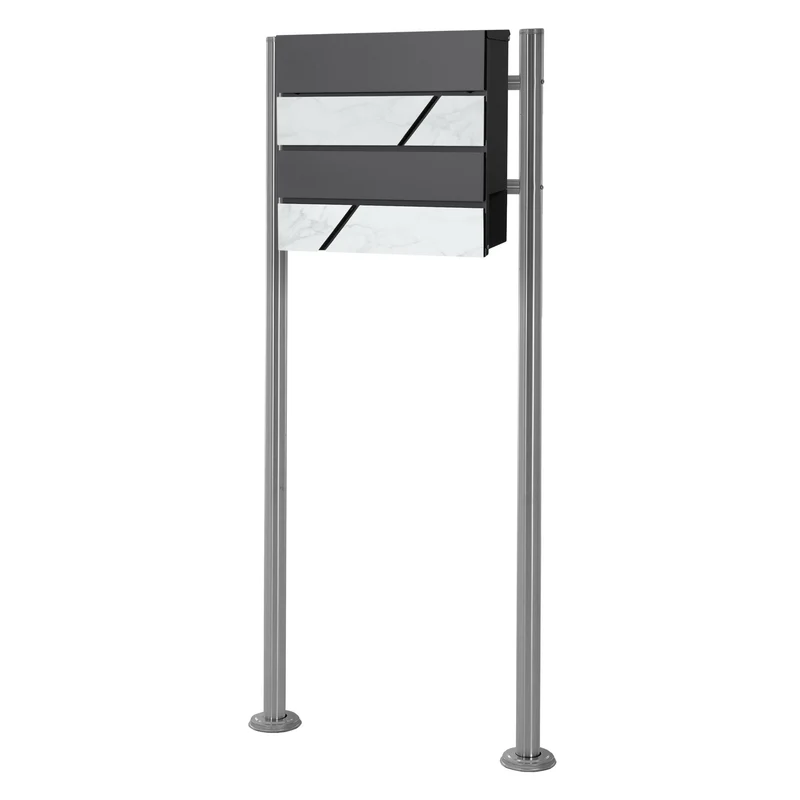 Standbriefkasten mit Zeitungsfach 37x37x11 cm Anthrazit/Weiß-Marmoroptik aus Stahl inkl. Ständer Silber 120cm hoch ML-Design