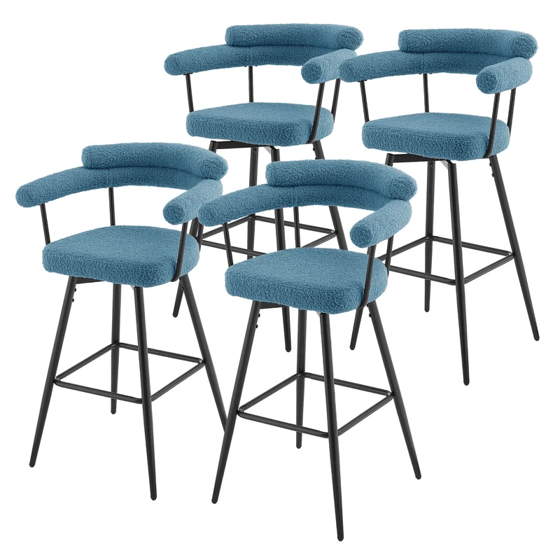 4er Set Barhocker 360° drehbar Blau 61x103x55 cm mit Arm-, Rückenlehne und Fußstütze bis 120 kg ML-Design