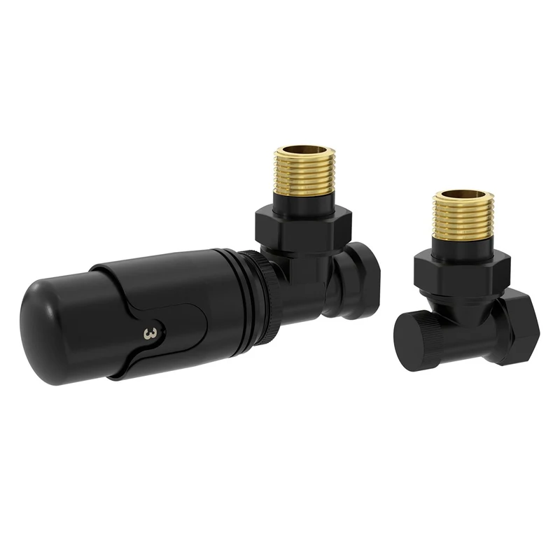 Thermostatventil + Rücklaufverschraubung für Heizkörper Schwarz 1/2" Eckform Thermostatkopf LuxeBath