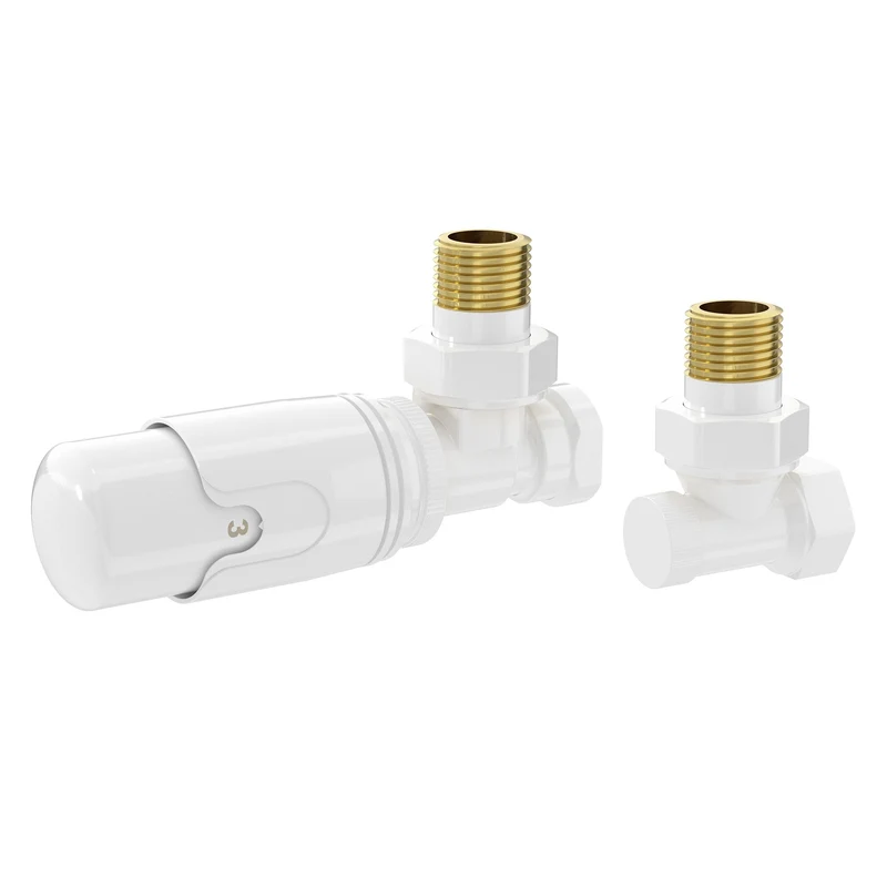 Thermostatventil + Rücklaufverschraubung für Heizkörper Weiß 1/2" Eckform Thermostatkopf LuxeBath