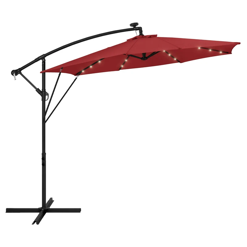 Ampelschirm Ø 300 cm mit LED Solar, Rot 360° Alu Sonnenschirm mit Kurbel, Abdeckung & Ständer ML-Design