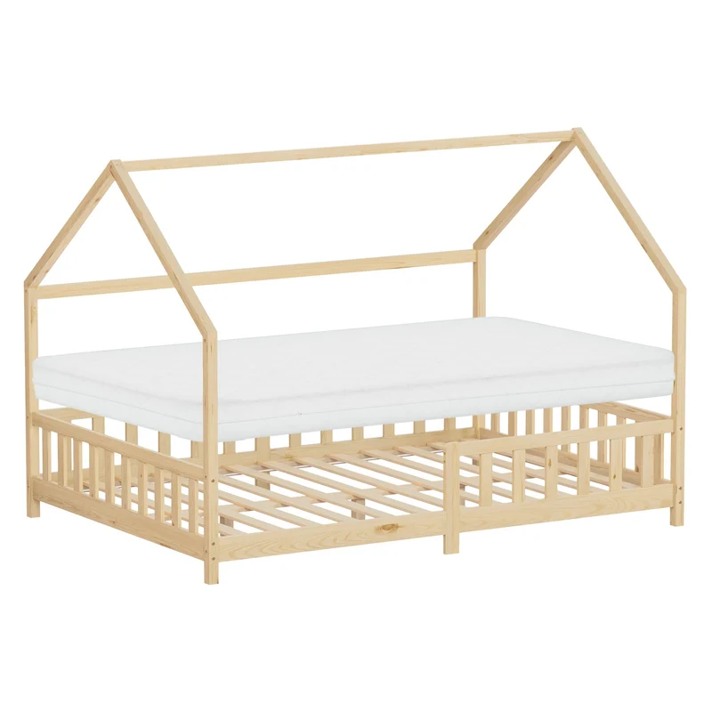 Kinderbett Hausbett 140x200 cm Natur aus Kiefernholz inkl. Matratze H-16cm Rausfallschutz Dach und Lattenrost ML-Design