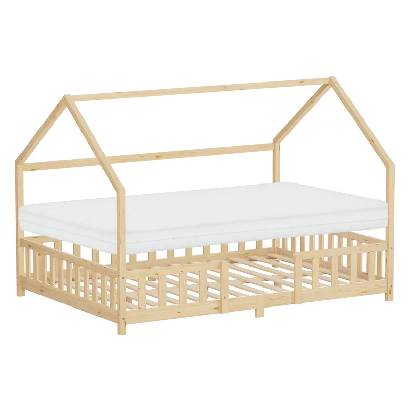 Kinderbett Hausbett 140x200 cm Natur aus Kiefernholz inkl. Matratze H-16cm Rausfallschutz Dach und Lattenrost ML-Design