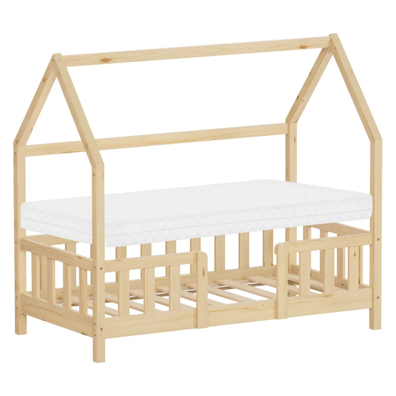 Kinderbett Hausbett 70x140 cm Natur aus Kiefernholz inkl. Matratze H-10cm Rausfallschutz Dach und Lattenrost ML-Design