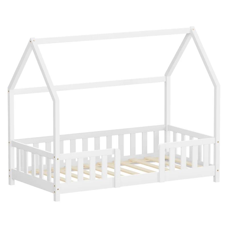 Kinderbett Hausbett 80x160 cm aus Kiefernholz Weiß mit Rausfallschutz Dach und Lattenrost Holzbett ML-Design