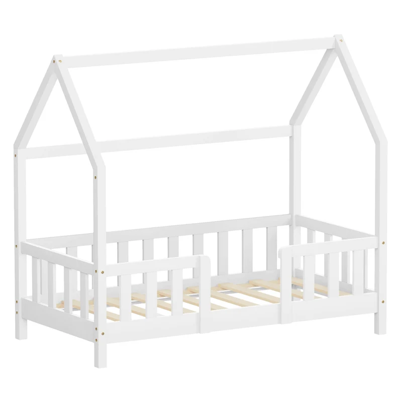 Kinderbett Hausbett 70x140 cm aus Kiefernholz Weiß mit Rausfallschutz Dach und Lattenrost Holzbett ML-Design