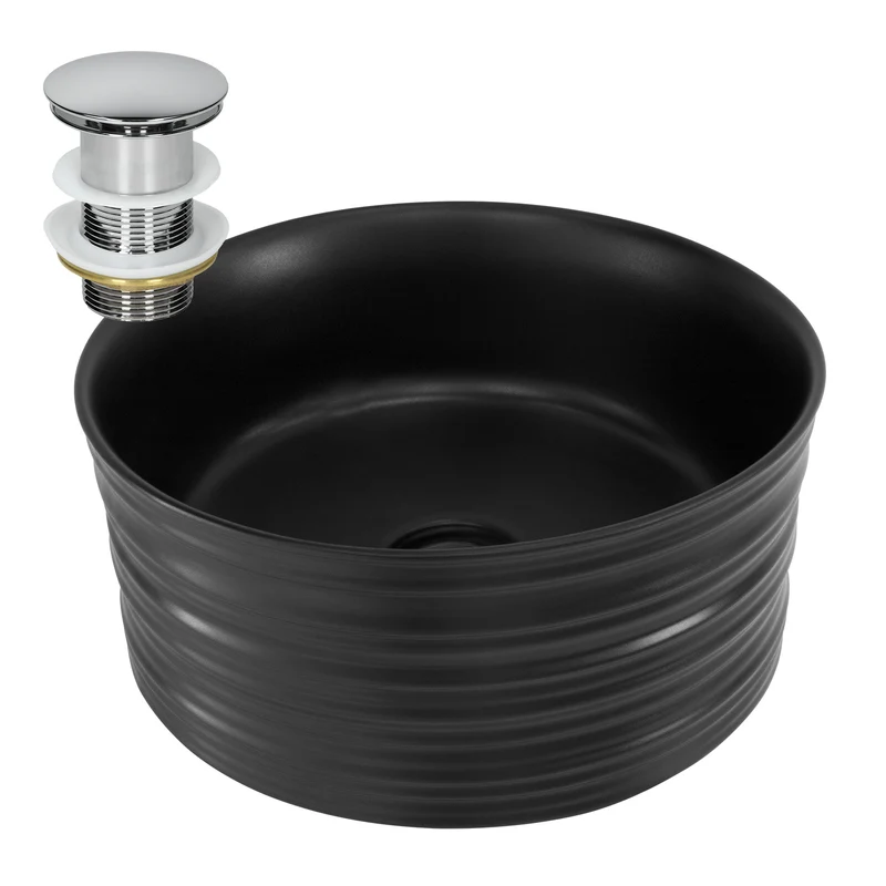 Waschbecken inkl. Ablaufgarnitur Silber ohne Überlauf Ø 41x18 cm Schwarz aus Keramik ML-Design