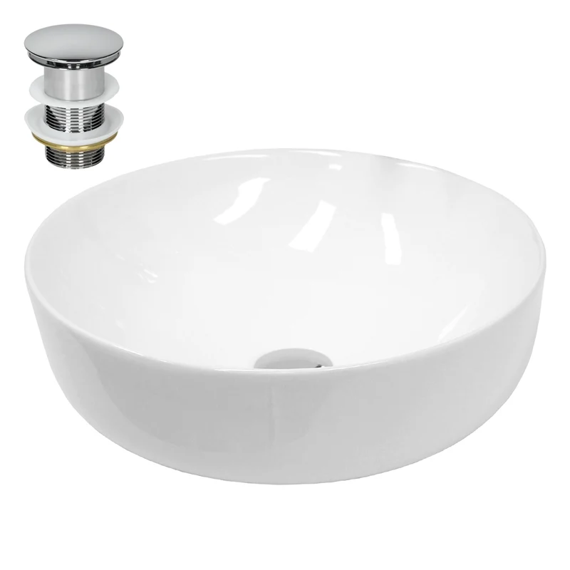 Waschbecken inkl. Ablaufgarnitur Silber ohne Überlauf Ø 40x13,5 cm Weiß aus Keramik LuxeBath