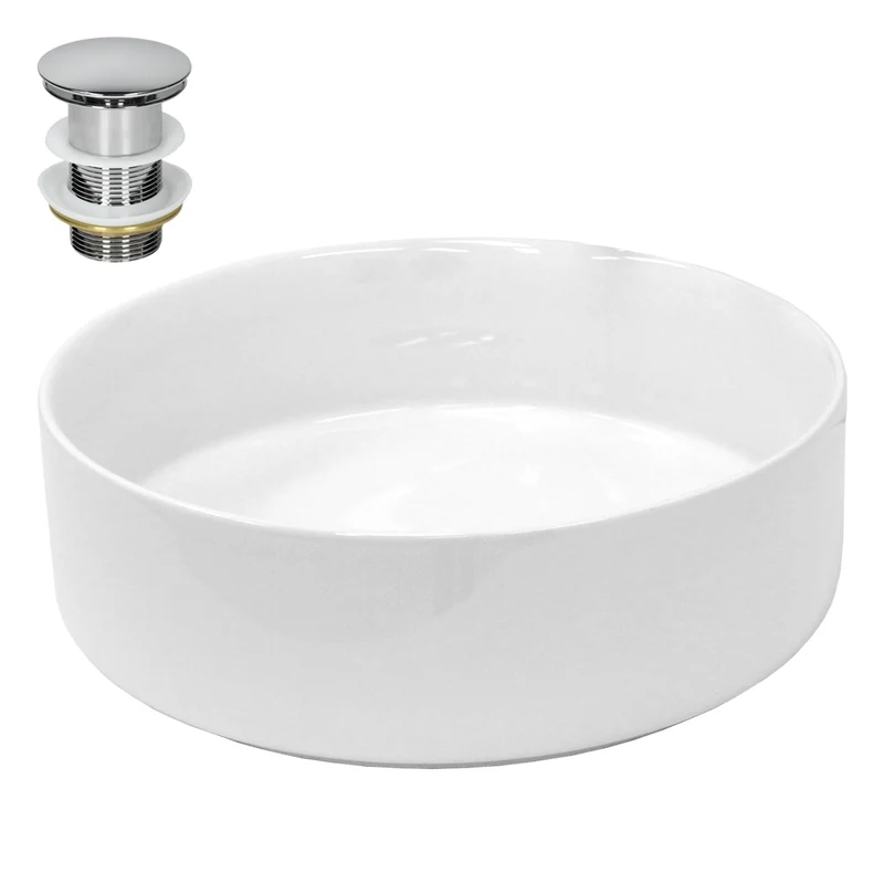 Waschbecken inkl. Ablaufgarnitur Silber ohne Überlauf Ø 35,5x12 cm Weiß aus Keramik LuxeBath