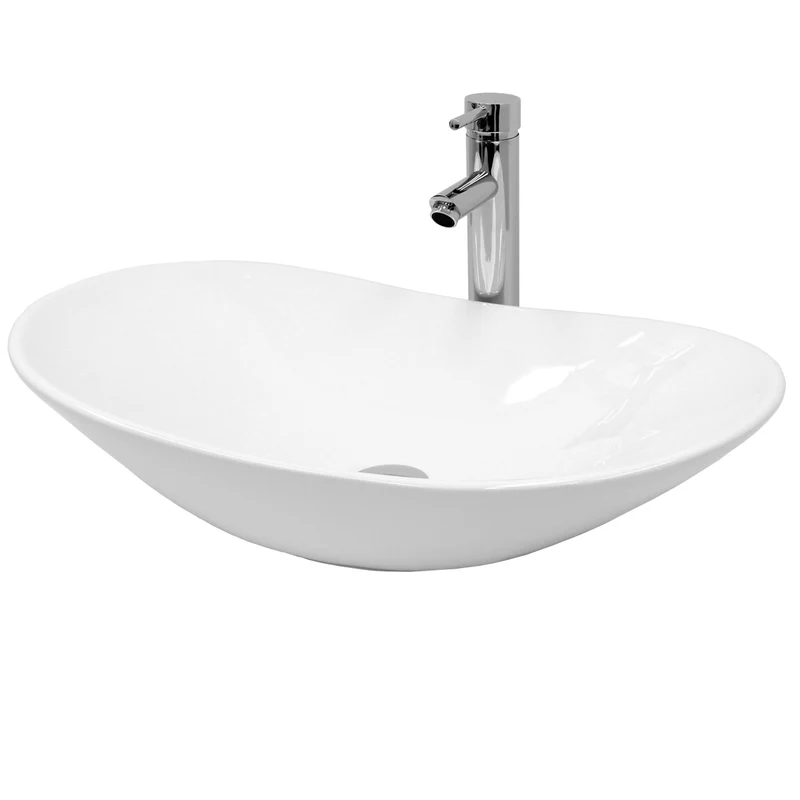 Waschbecken inkl. Ablaufgarnitur Silber ohne Überlauf 64x36,5x13 cm Weiß aus Keramik LuxeBath