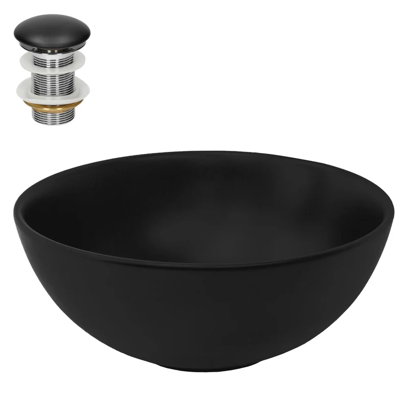 Waschbecken inkl. Ablaufgarnitur ohne Überlauf Ø 32x13,5 cm Schwarz matt aus Keramik LuxeBath