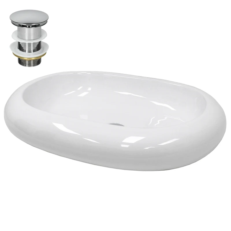 Waschbecken inkl. Ablaufgarnitur Silber ohne Überlauf Ø 35x12 cm Weiß aus Keramik LuxeBath