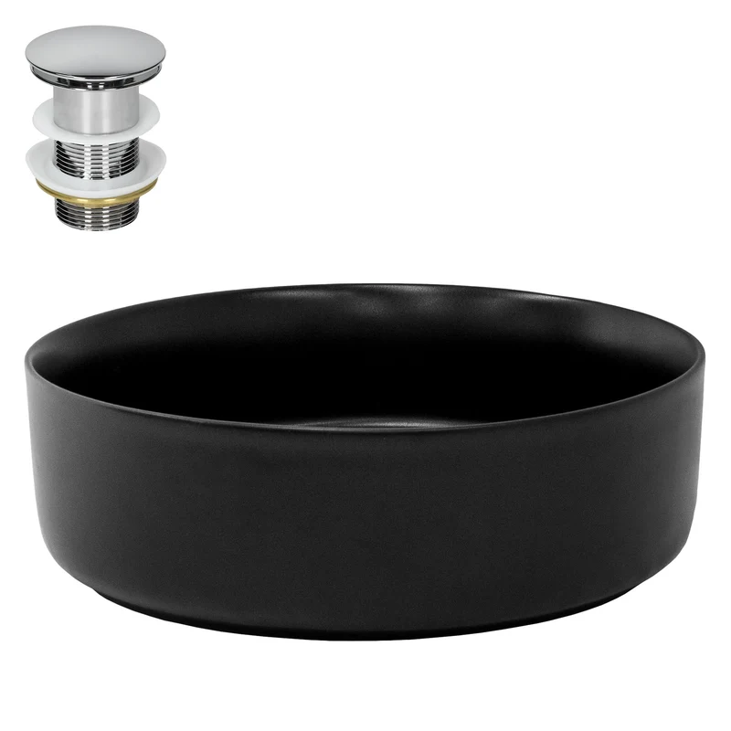 Waschbecken inkl. Ablaufgarnitur ohne Überlauf Ø 36x12 cm Schwarz aus Keramik LuxeBath