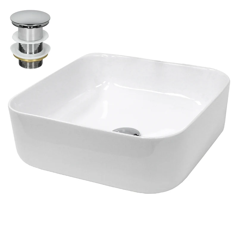 Waschbecken inkl. Ablaufgarnitur Silber ohne Überlauf 39x39x14 cm Weiß aus Keramik LuxeBath