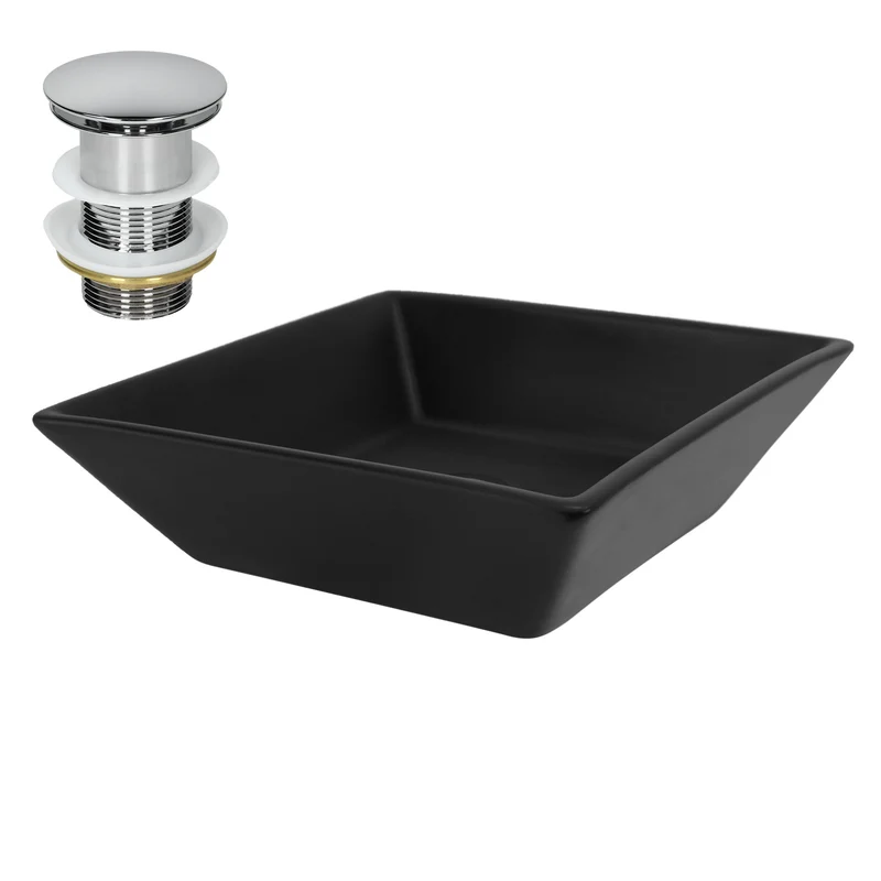 Waschbecken inkl. Ablaufgarnitur Silber ohne Überlauf 41x41x12 cm Schwarz aus Keramik ML-Design