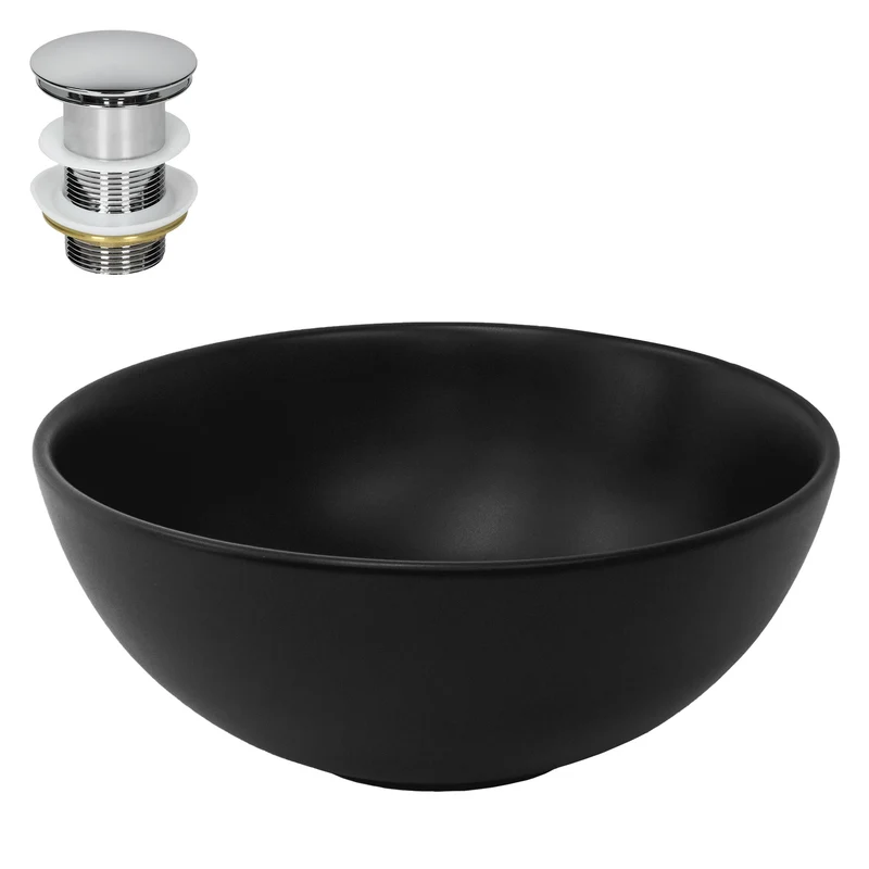 Waschbecken inkl. Ablaufgarnitur ohne Überlauf Ø 32x13,5 cm Schwarz aus Keramik LuxeBath