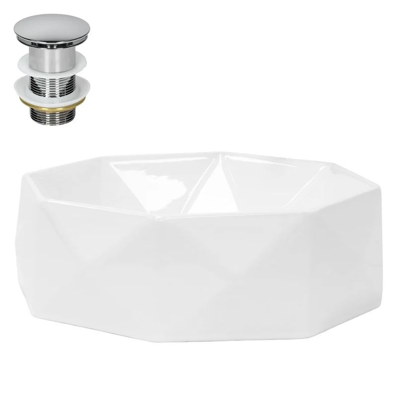 Waschbecken inkl. Ablaufgarnitur Silber ohne Überlauf Ø 42x13,5 cm Weiß aus Keramik LuxeBath