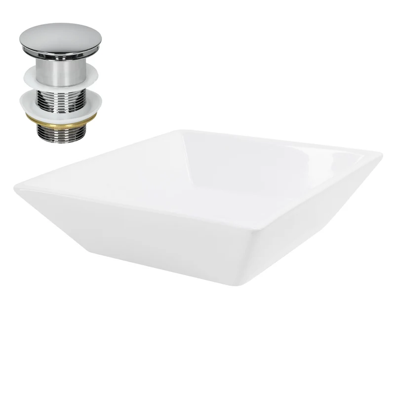 Waschbecken inkl. Ablaufgarnitur Silber ohne Überlauf 41x41x12 cm Weiß aus Keramik ML-Design