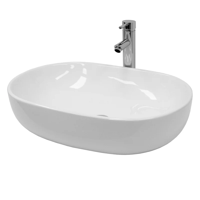 Waschbecken inkl. Ablaufgarnitur Silber ohne Überlauf 60x42x14,5 cm Weiß aus Keramik LuxeBath