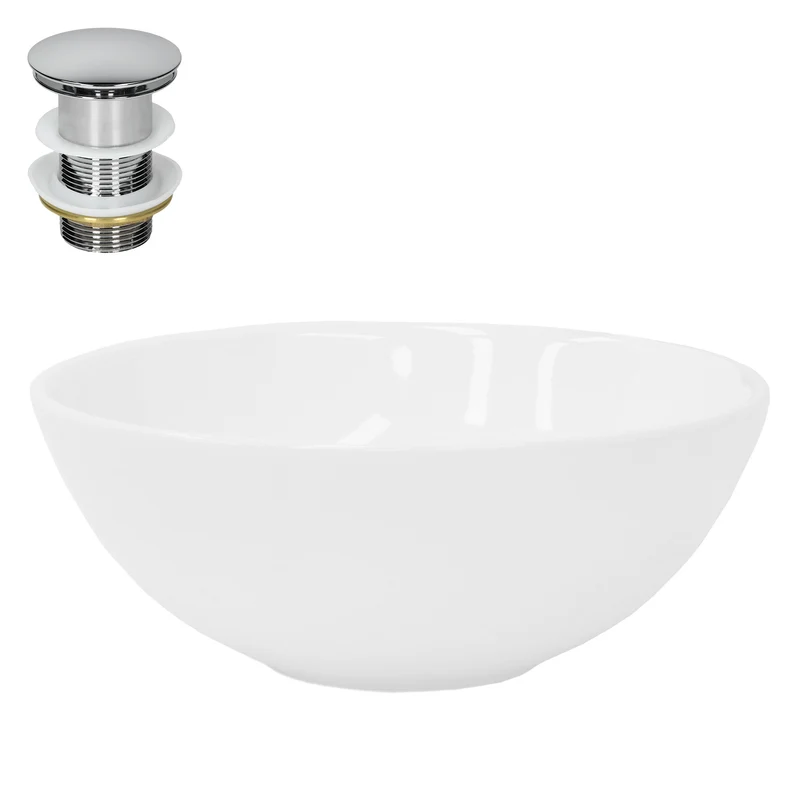Waschbecken inkl. Ablaufgarnitur Silber ohne Überlauf Ø 28x11,6 cm Weiß aus Keramik LuxeBath