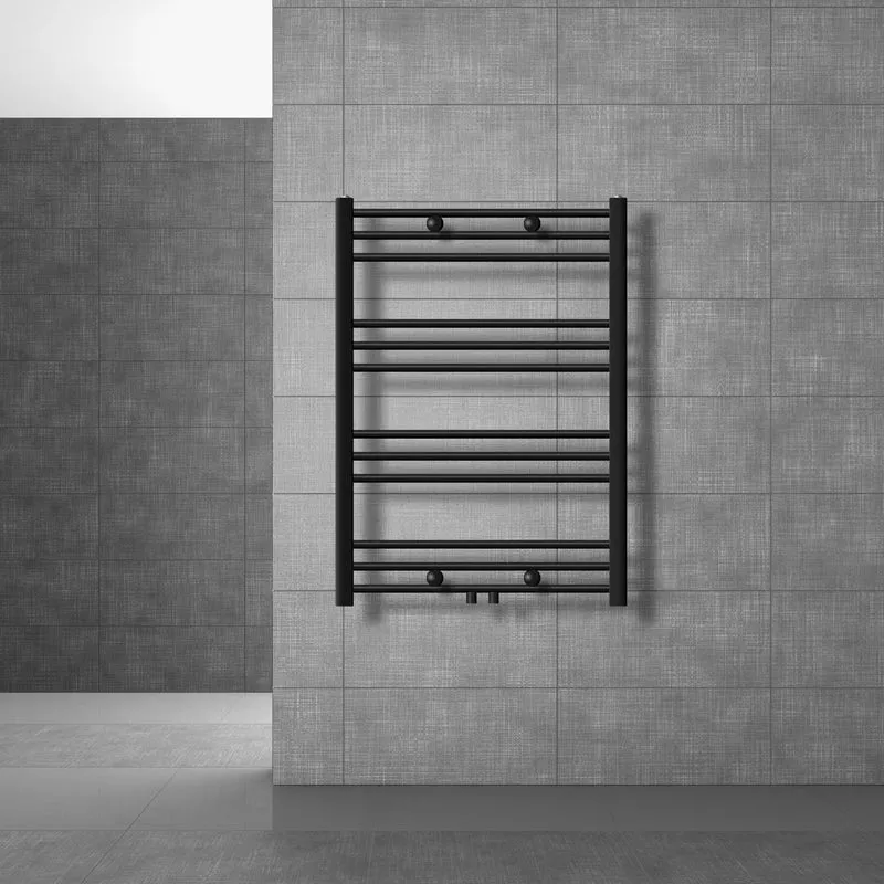 Badheizkörper Sahara 300x1400 mm Schwarz matt gerade mit Mittelanschluss & Wand Termostatventil LuxeBath