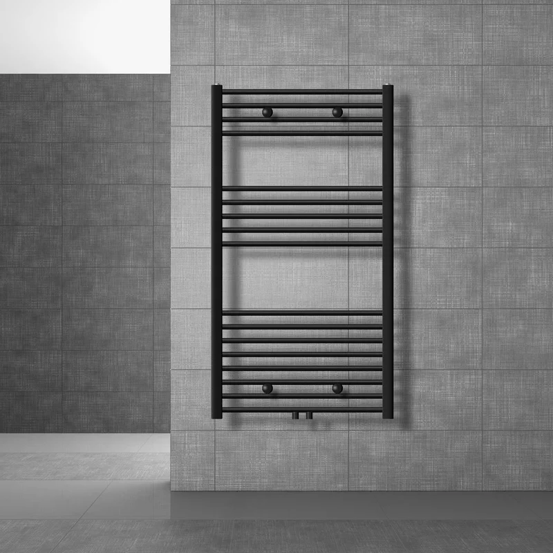 Badheizkörper Sahara 750x1200 mm Schwarz gebogen mit Boden Thermostatventil LuxeBath