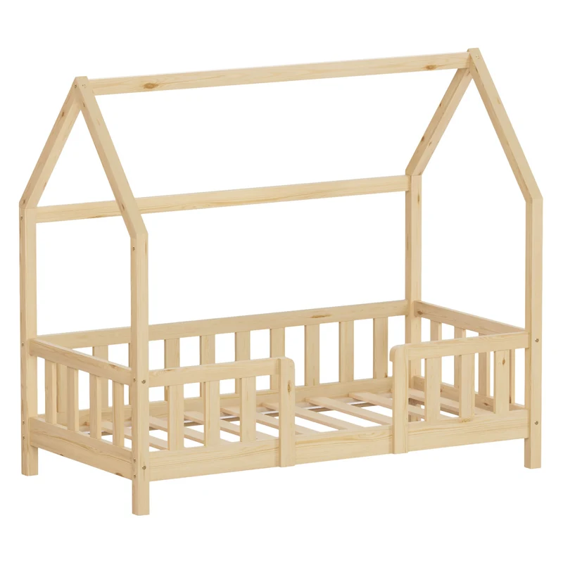 ML-DESIGN | Hausbett mit Rausfallschutz & Lattenrost, B-Ware 70x140cm Holz Natur Kinderbett & Montessori Bodenbett für Kleinkinder