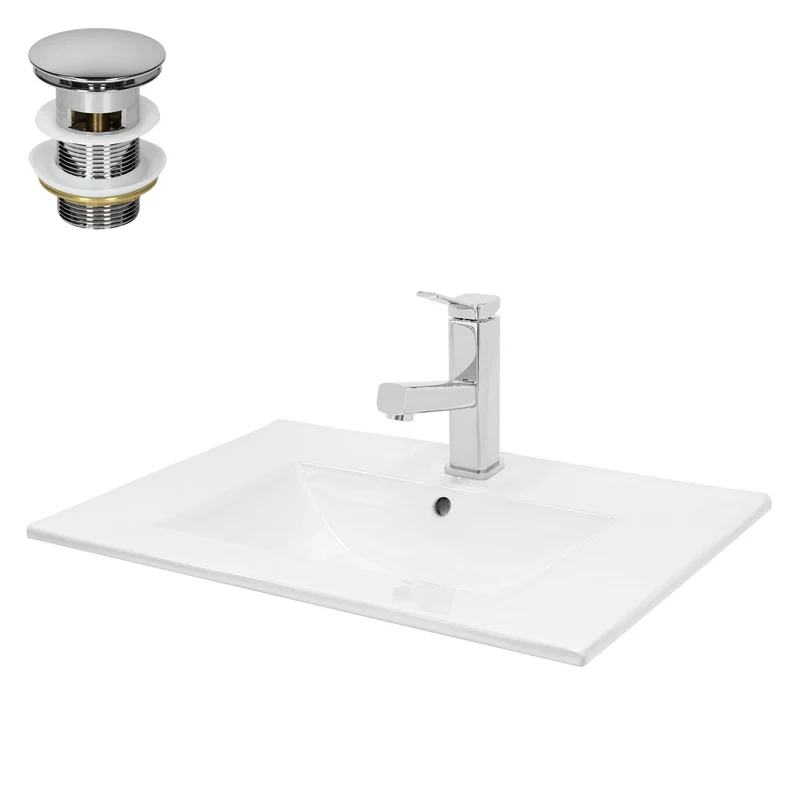 Waschbecken mit Wasserhahn ausziehbare Brause eckig 71x46,5x17,5 cm Weiß aus Keramik inkl. Ablaufgarnitur Silber mit Überlauf LuxeBath