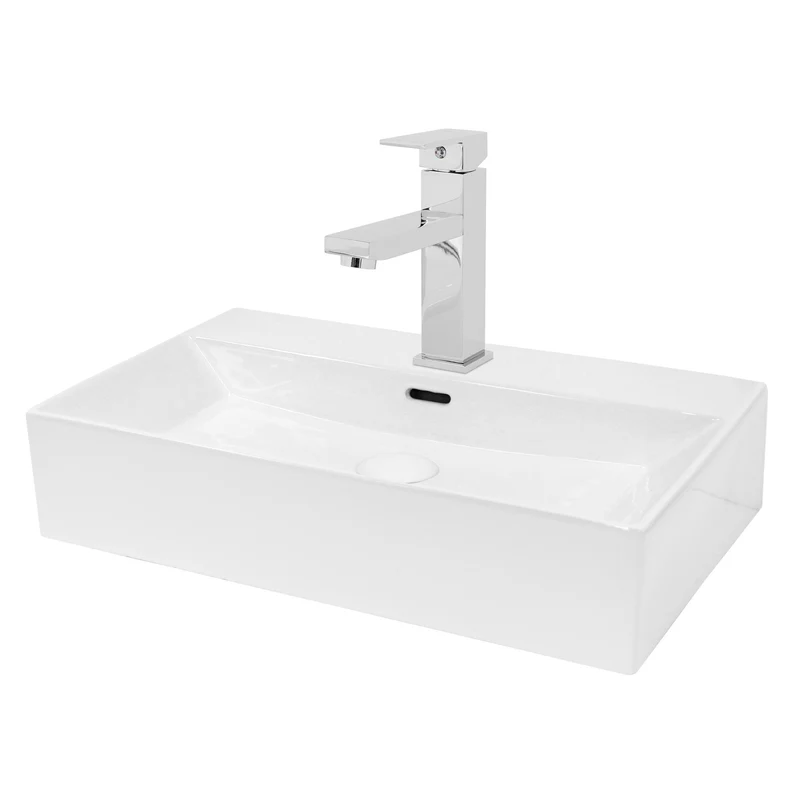 Waschbecken mit Wasserhahn eckig 60,5x36,5x13 cm Weiß aus Keramik inkl. Ablaufgarnitur Weiß mit Überlauf LuxeBath