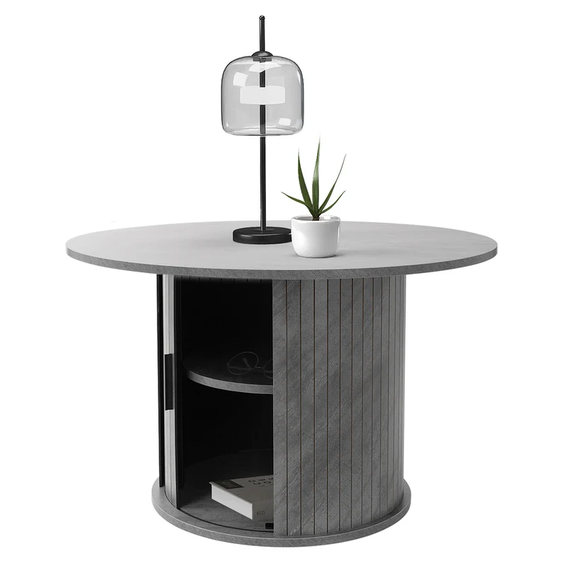 B-Ware Couchtisch mit Schiebetür Ø80x50 cm Beton-Optik Grau Runder Wohnzimmertisch mit Stauraum ML-Design
