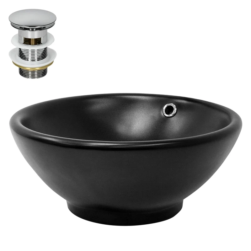 Waschbecken inkl. Ablaufgarnitur mit Überlauf Ø 42x17 cm Schwarz matt aus Keramik LuxeBath