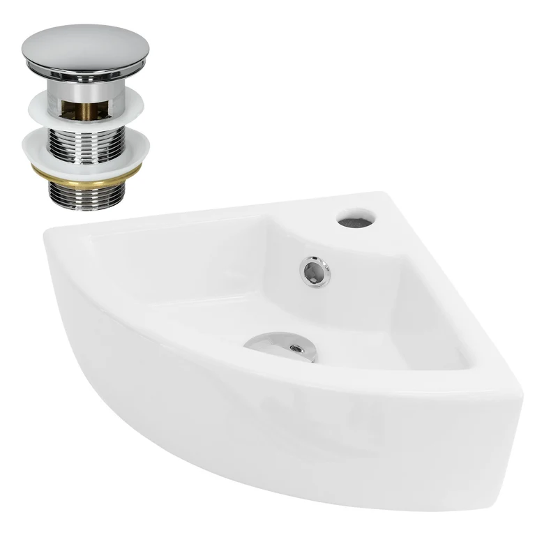 Waschbecken inkl. Ablaufgarnitur Silber mit Überlauf 46x33x13 cm Weiß aus Keramik LuxeBath