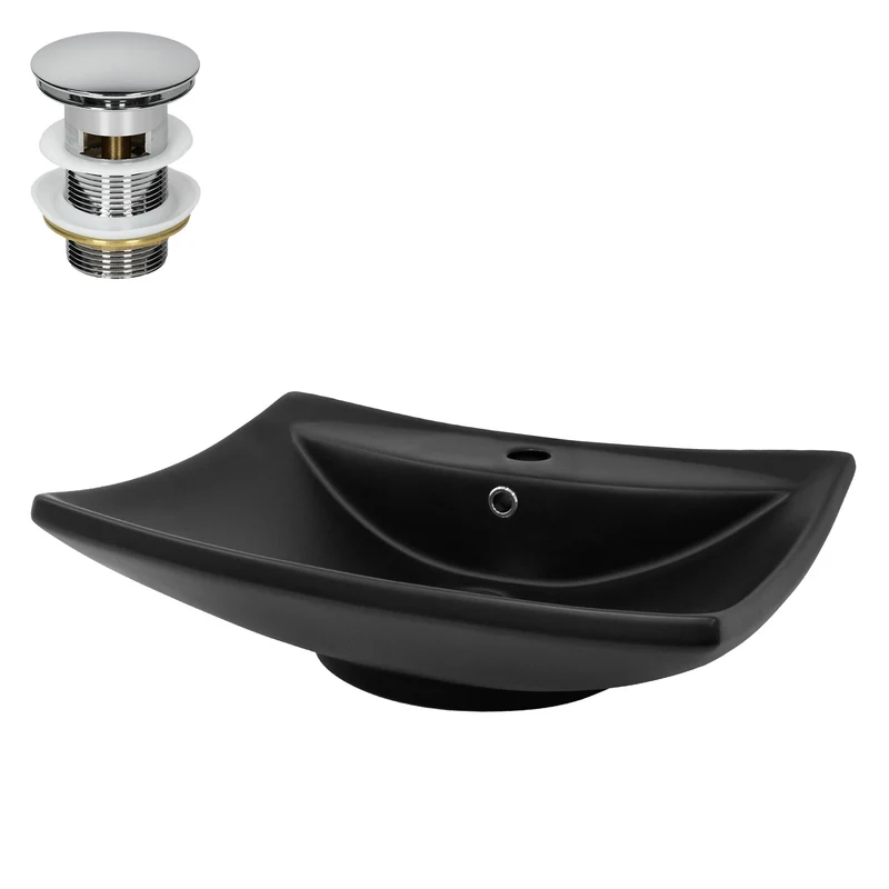 Waschbecken inkl. Ablaufgarnitur mit Überlauf 61x45,5x18,5 cm Schwarz aus Keramik LuxeBath