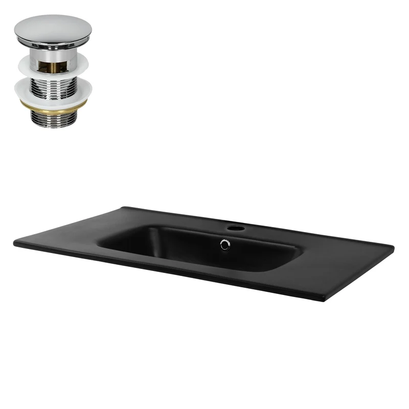 Waschbecken inkl. Ablaufgarnitur Silber mit Überlauf 81x46x16,5 cm Schwarz aus Keramik ML-Design