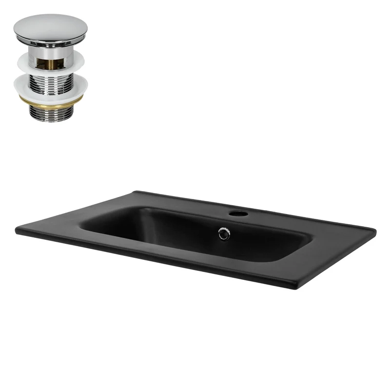 Waschbecken inkl. Ablaufgarnitur Silber mit Überlauf 61x46x16,5 cm Schwarz aus Keramik ML-Design