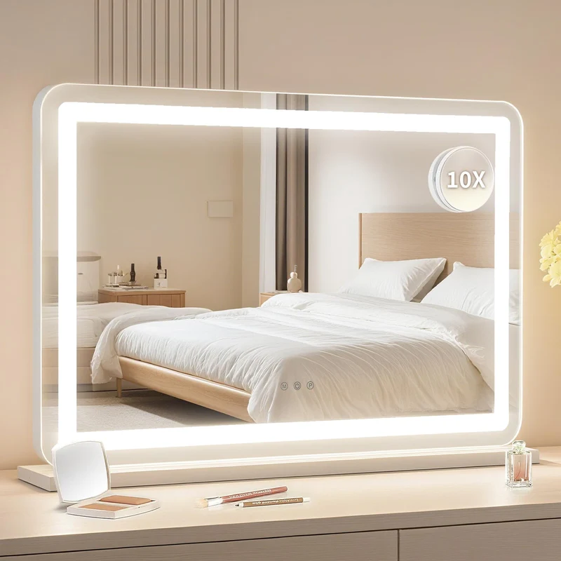 Garvee LED Schminkspiegel 77 × 51 cm mit 3 Lichtmodi, 10-fache Vergrößerung, Touch-Steuerung, rutschfester Basis, Tisch-/Wandmontage, ideal für Schminktisch