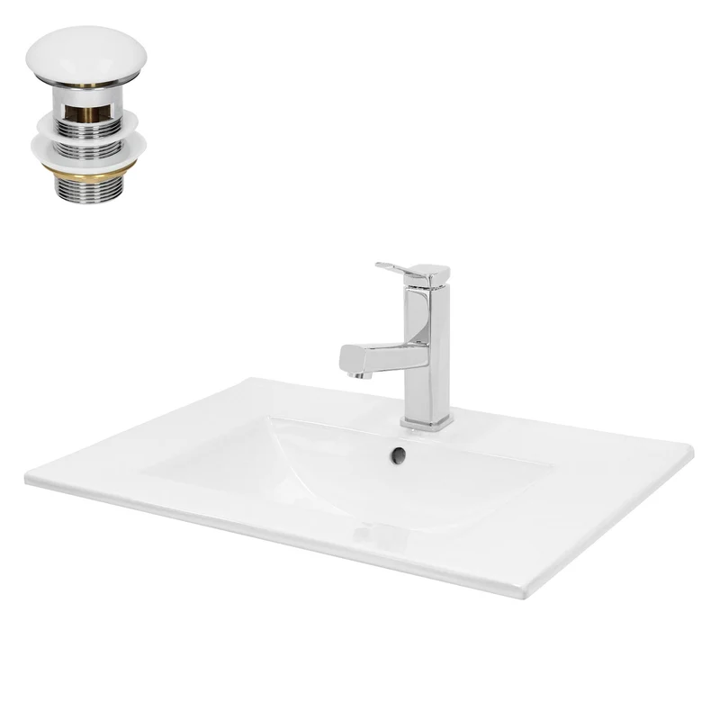 Waschbecken mit Wasserhahn ausziehbare Brause eckig 71x46,5x17,5 cm Weiß aus Keramik inkl. Ablaufgarnitur Weiß mit Überlauf LuxeBath