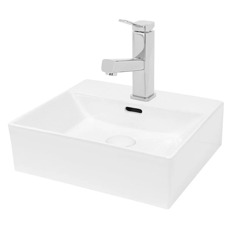 Waschbecken mit Wasserhahn ausziehbare Brause eckig 41,5x36x13 cm Weiß aus Keramik inkl. Ablaufgarnitur Weiß mit Überlauf LuxeBath