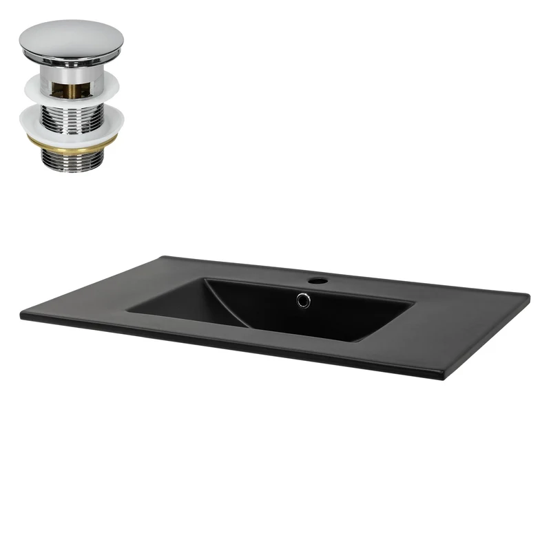 Waschbecken inkl. Ablaufgarnitur Silber mit Überlauf 81x47x17,5 cm Schwarz matt aus Keramik ML-Design