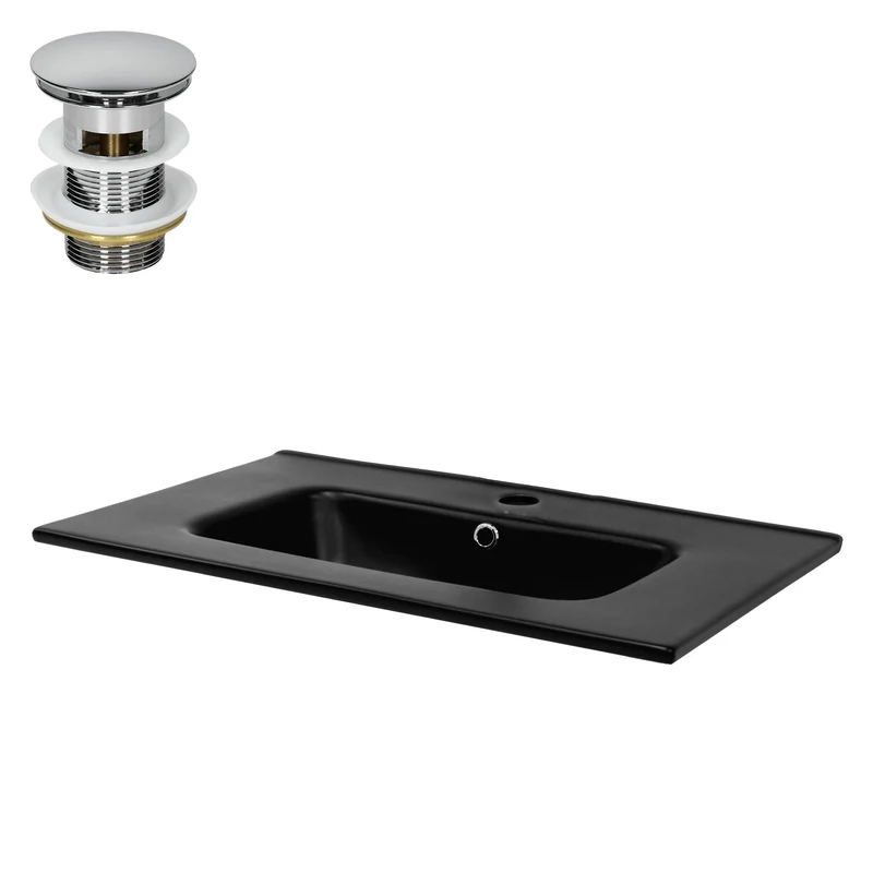 Waschbecken inkl. Ablaufgarnitur Silber mit Überlauf 71x47x18 cm Schwarz aus Keramik ML-Design