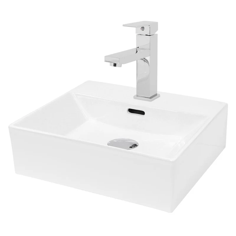 Waschbecken mit Wasserhahn 41,5x36x13 cm Weiß aus Keramik inkl. Ablaufgarnitur Silber mit Überlauf LuxeBath