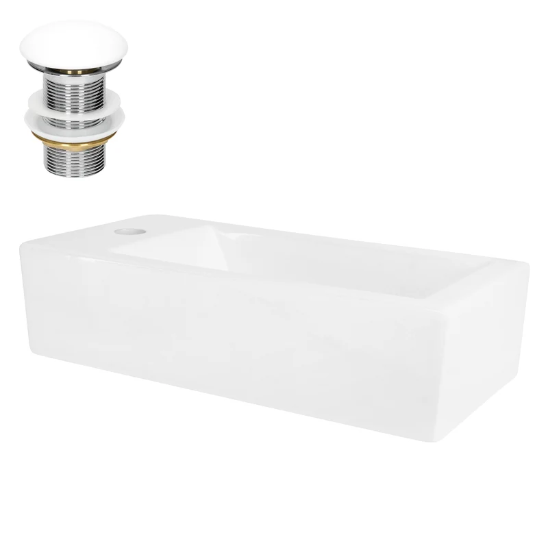 Waschbecken inkl. Ablaufgarnitur Weiß ohne Überlauf 51x25x13 cm Weiß aus Keramik Linksbündig LuxeBath