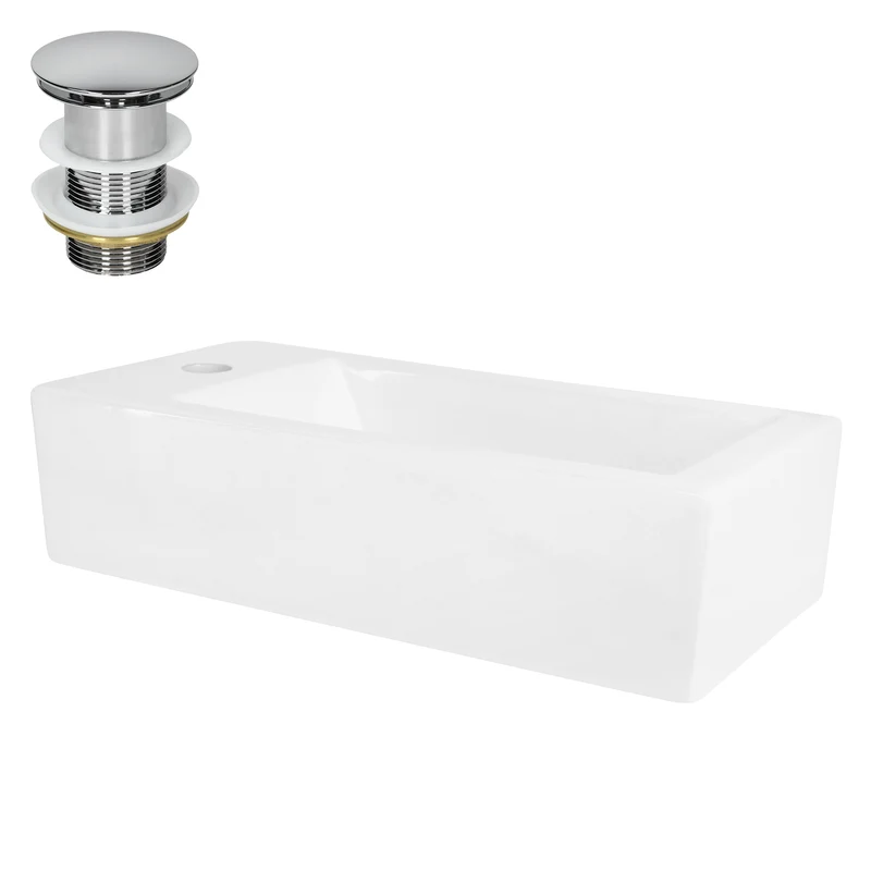 Waschbecken inkl. Ablaufgarnitur Silber ohne Überlauf 51x25x13 cm Weiß aus Keramik Linksbündig LuxeBath