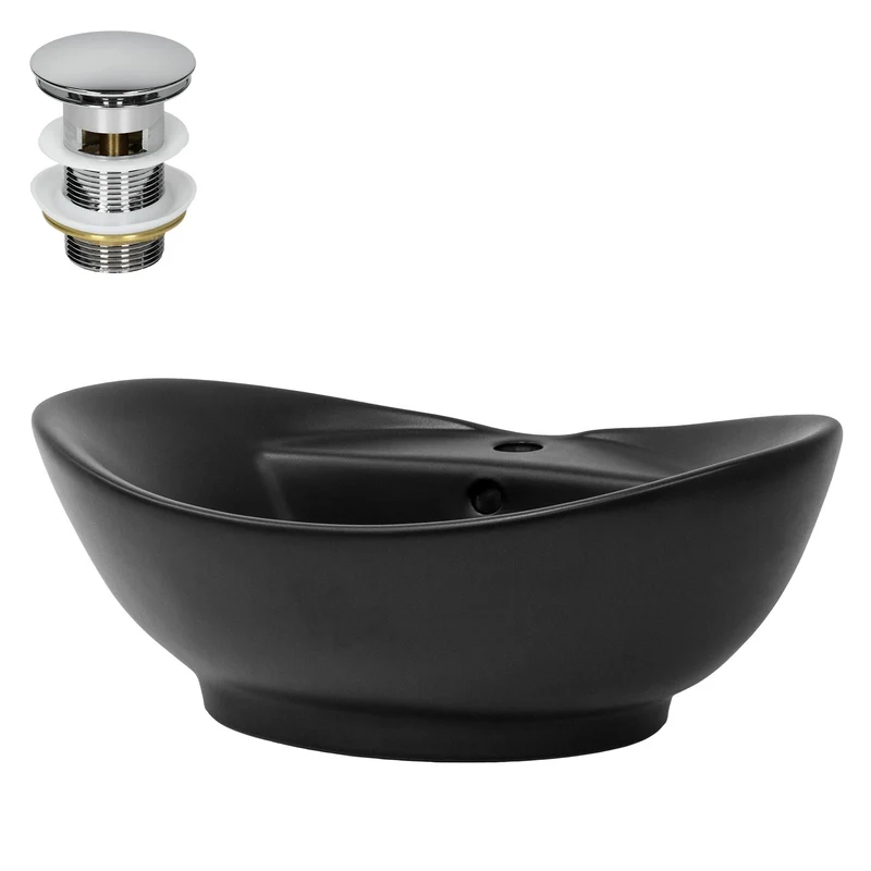 Waschbecken inkl. Ablaufgarnitur Silber mit Überlauf 59x39,5x20,5 cm Schwarz matt aus Keramik LuxeBath
