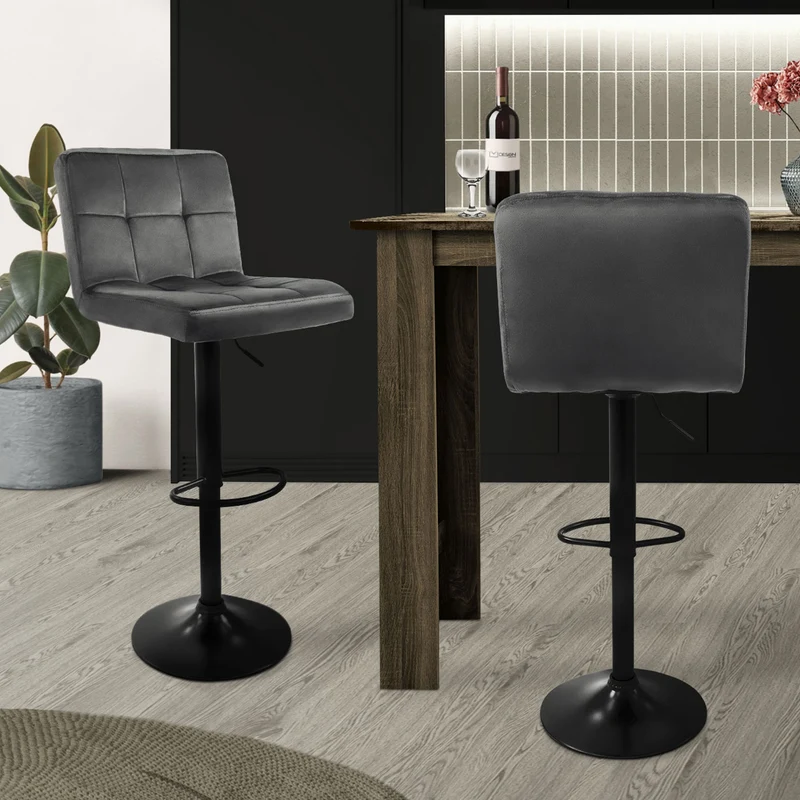 B-Ware Barhocker 2er Set Grau Samtbezug mit Rückenlehne und Fußstütze höhenverstellbar 63-83cm ML-Design