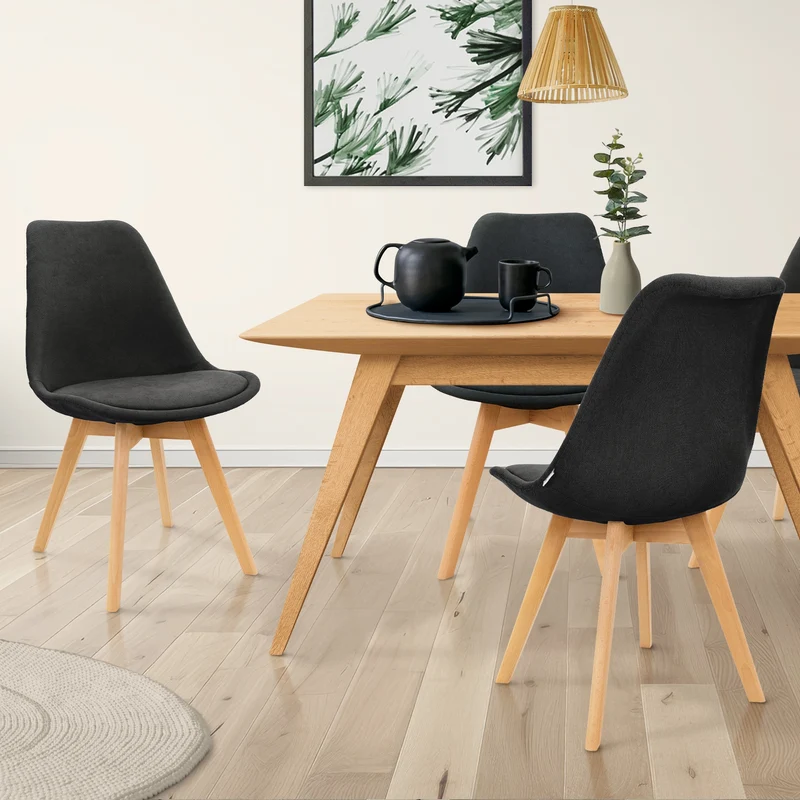 B-Ware Esszimmerstuhl 4er Set Schwarz Leinenbezug mit Holzbeinen ML-Design